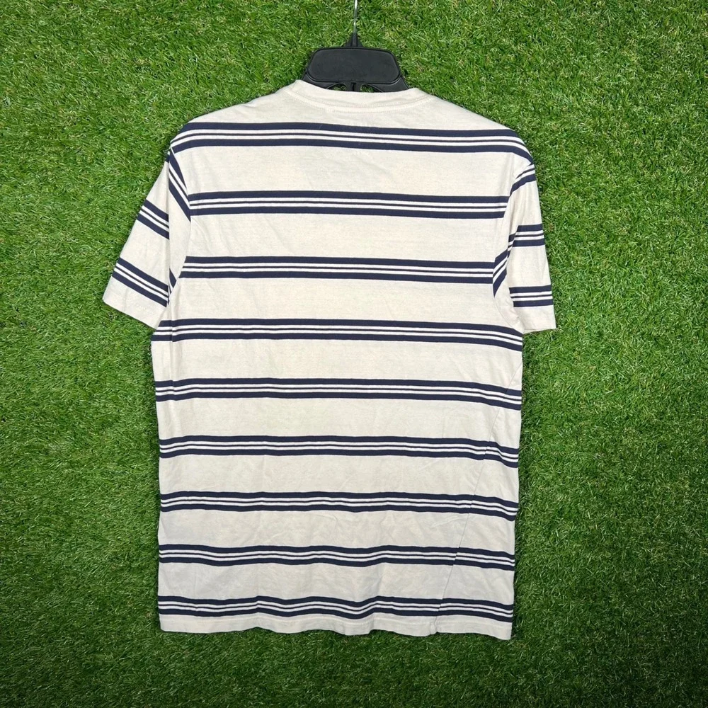 Guess Los Angeles Mens Large Striped T-Shirt Cream Navy Blue Red Logo Y2K - Picture 3 of 5